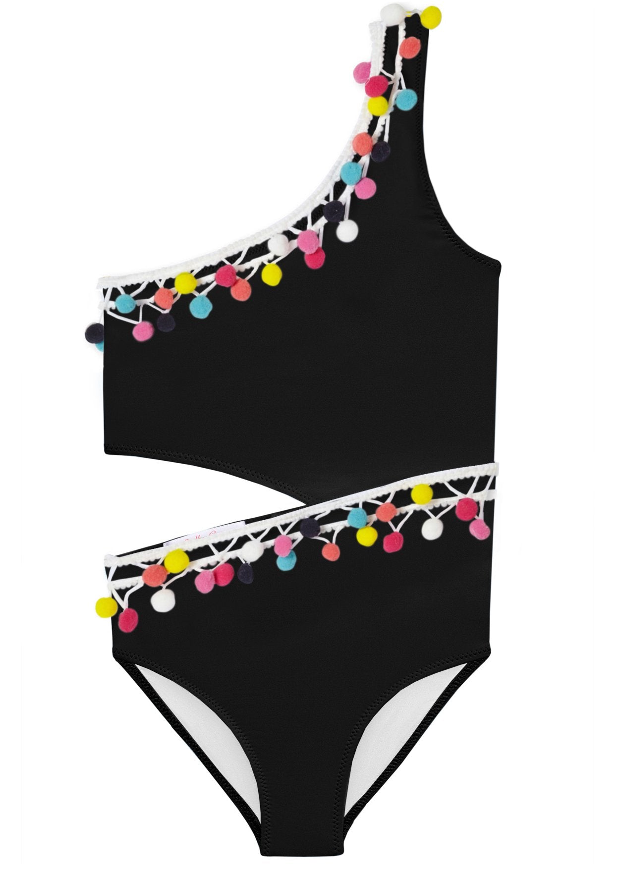 Black Side Cut Swimsuit with Multicolor Pom Poms