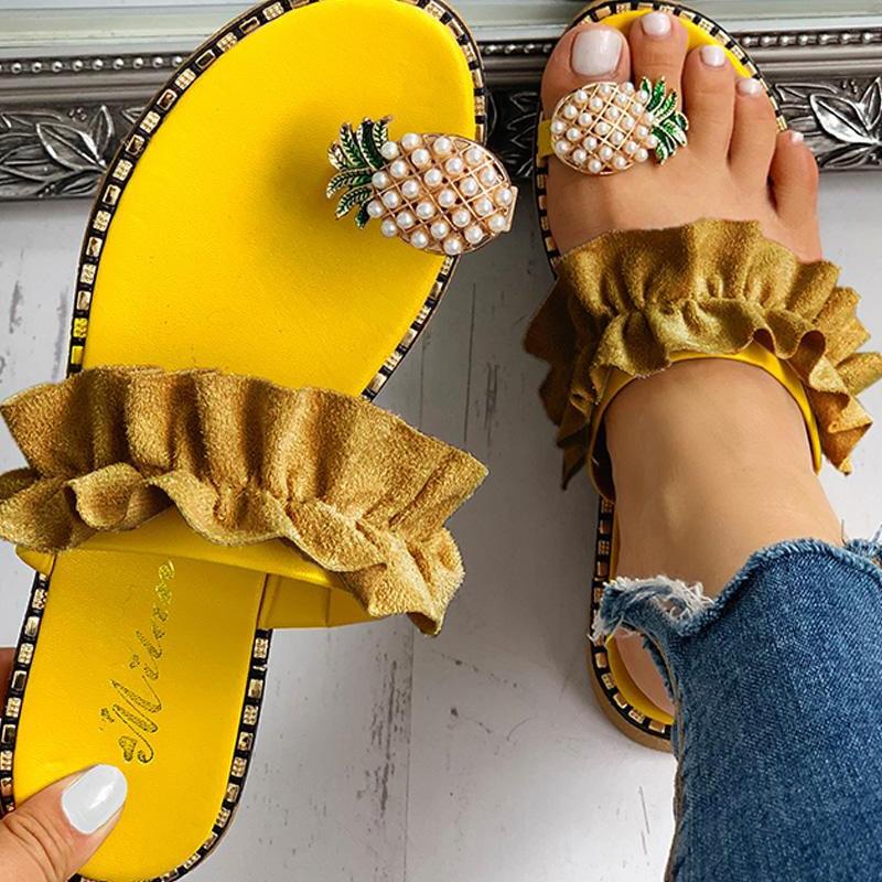 Summer Beach Pineapple Flat Slippers Outside Slides Ladies Shoes