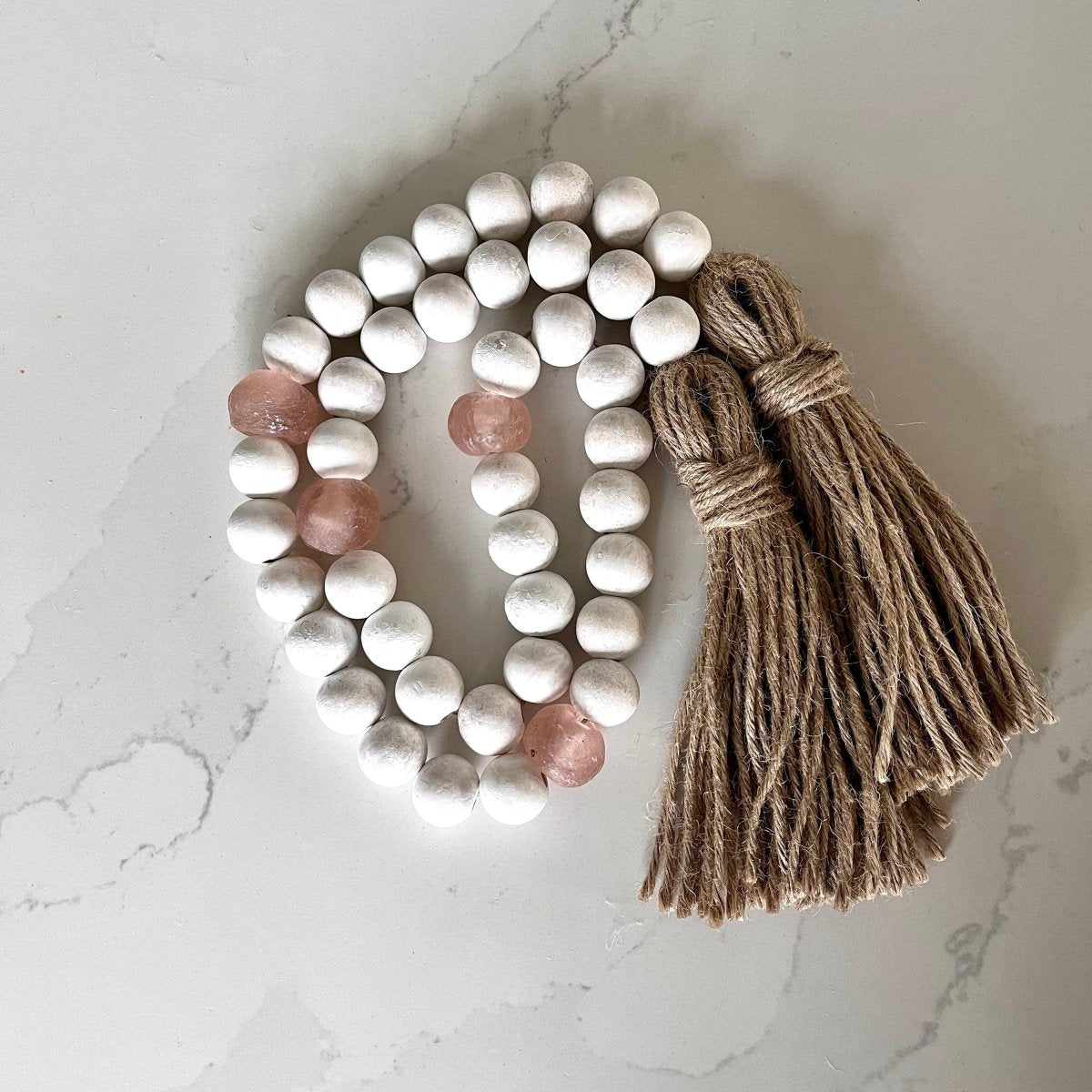 Whitewashed Wood Bead Garland with Jumbo Rose Recycled Glass Beads